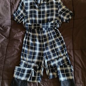 Boohoo Hena Tartan Belted Round Neck Lace Detail Jumpsuit